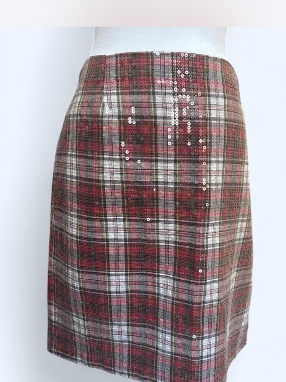 Cremieux Plaid Sequin Pencil Skirt Size 12 Holiday Party Red Tartan Sparkly